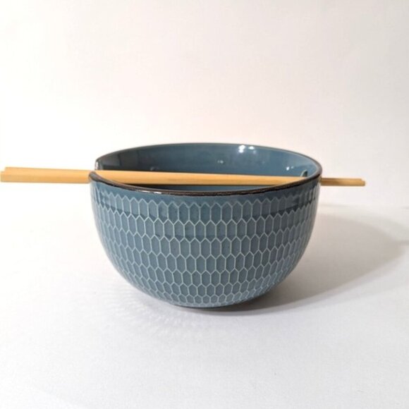 Stoneware Ceramic Textured Noodle Bowl with Chopsticks Teal Blue - Picture 3 of 5